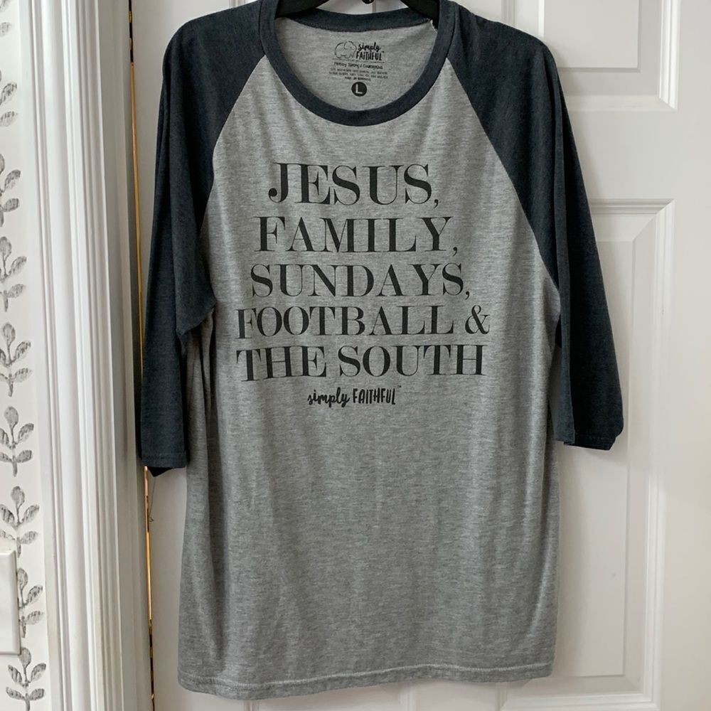 Simply Faithful Size Large gray and dark gray 3/4 sleeve T-shirt
